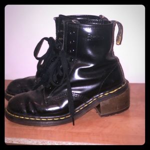 Glossy black doc marten boots with heels, size 6